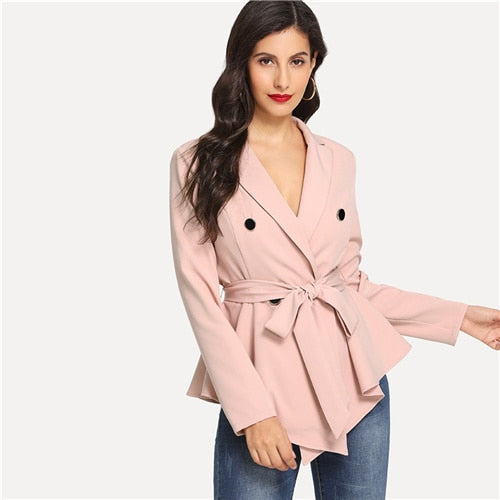 SHEIN Pink Office Lady Highstreet Asymmetric Peplum Double Button Belted Solid Blazer 2018 Autumn Elegant Women Coats Outerwear