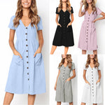 Womens Party Dress Holiday Summer Beach Solid short Sleeve Buttons Party Dress AU.15