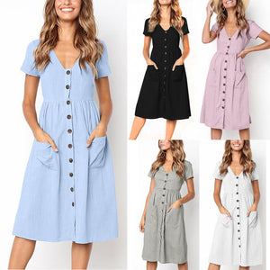 Womens Party Dress Holiday Summer Beach Solid short Sleeve Buttons Party Dress AU.15