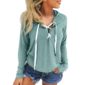 Women Hoodie Sweatshirt Lace Up Long Sleeve Crop Top Coat Sports Pullover Tops