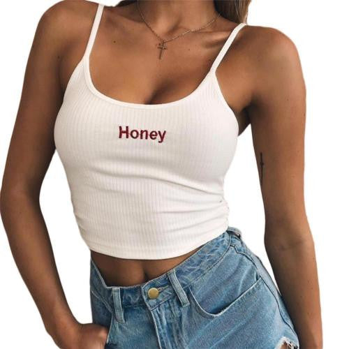 Women Halter Top Honey Letter Printed Tank Tops Sleeveless Crop Top Shirt