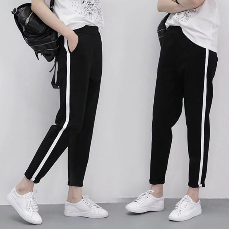 Fashion Women Side Stripes Sweatpants Black Casual Trousers Hip Hop Jogger Pants
