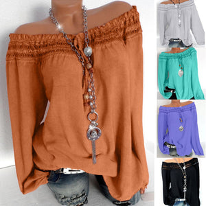 Women Casual Daily Lace Stitching Solid Salsh Neck Long Sleeve Shirt Tops Blouse