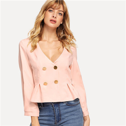 SHEIN Pink Elegant Office Lady Double Button Pleated Ruffle V neck Solid Blazer 2018 Autumn Highstreet Women Coat And Outerwear