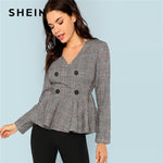 SHEIN Grey Elegant Office Lady Double Button Breasted V-Neck Plaid Slim Fit Blazer 2018 Autumn Highstreet Women Coat Outerwear