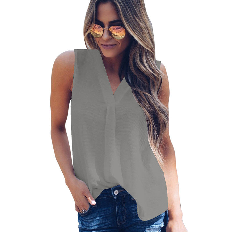 New Fashion Women Sleeveless Chiffon Shirt Blouse Solid Color V Neck Casual Loose Summer Tank Top Vest