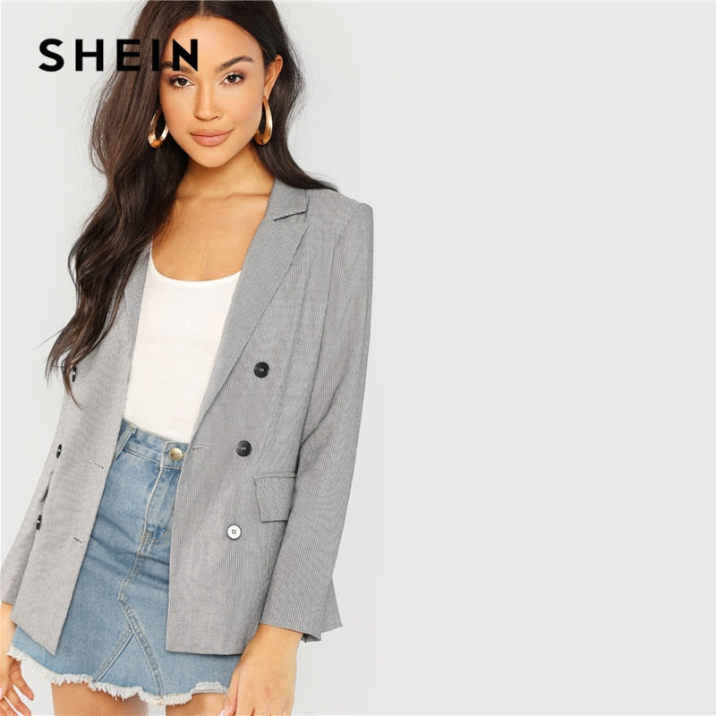SHEIN Grey Notched Collar Double Button Coat Workwear Elegant Long Sleeve Blazer Women Autumn Casual Office Ladies Outerwear