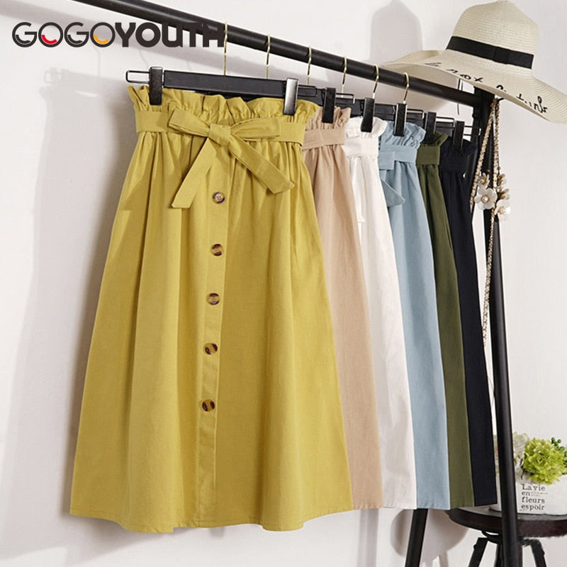 Gogoyouth Summer Autumn Skirts Womens 2018 Midi Knee Length Korean Elegant Button High Waist Skirt Female Pleated School Skirt