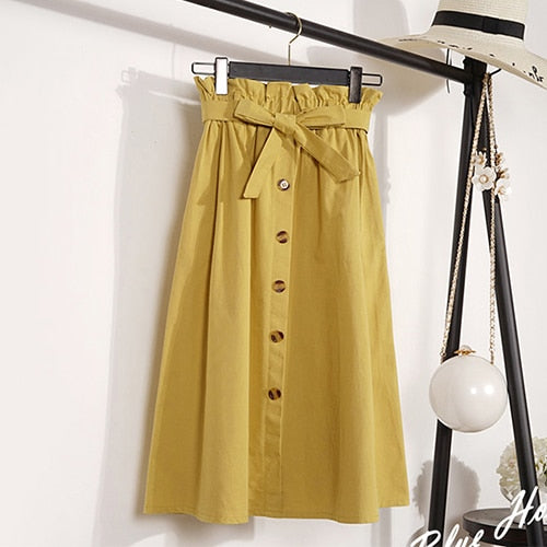Gogoyouth Summer Autumn Skirts Womens 2018 Midi Knee Length Korean Elegant Button High Waist Skirt Female Pleated School Skirt