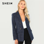 SHEIN Navy Cotton Office Lady Elegant Notched Neck Plaid Double Breasted Blazer Women Pocket Autumn Minimalist Coat Outerwear