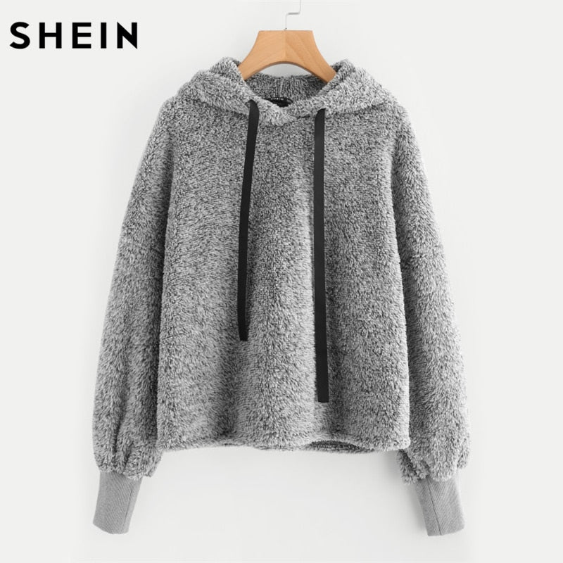 SHEIN Faux Fur Fluffy Hoodie Autumn Winter Casual Women Sweatshirts Grey Long Sleeve Womens Minimalist Drawstring Pullovers
