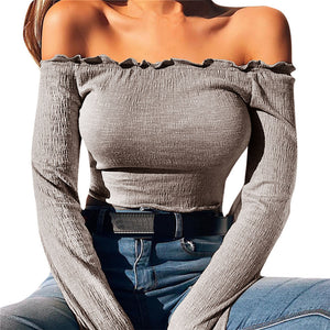 Women Off Shoulder Long Sleeve Loose Tops Casual Blouse T Shirt