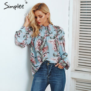 Simplee Floral print turtleneck lantern sleeve blouse shirt women Casual ruffles chiffon blouse Elegant summer blouse fashion
