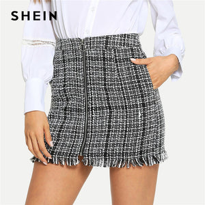 SHEIN Black and White Plaid Zip Front Frayed Tweed Skirt Elegant Fringe Pocket Mid Waist Pencil Skirts Women Autumn Mini Skirts