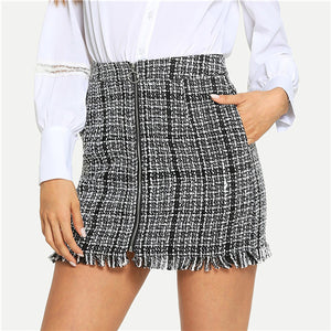 SHEIN Black and White Plaid Zip Front Frayed Tweed Skirt Elegant Fringe Pocket Mid Waist Pencil Skirts Women Autumn Mini Skirts