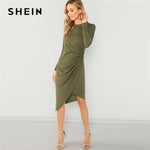 SHEIN Army Green Elegant Casual Draped Asymmetric Natural Waist Long Sleeve Solid Dress 2018 Autumn Party Women Dresses