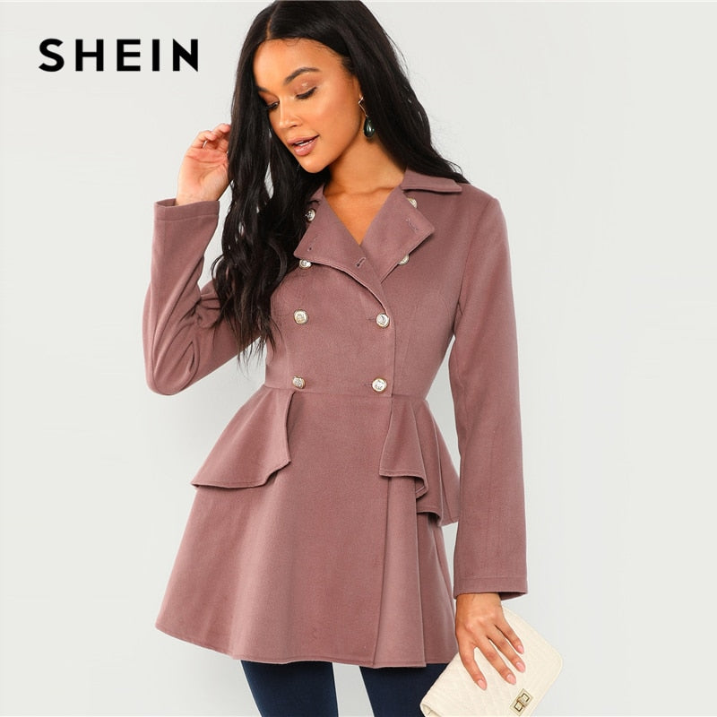 SHEIN Pink Double Breasted Collar Neck Solid Coat 2018 Autumn Elegant Longline Flared Outerwear Modern Lady Coats