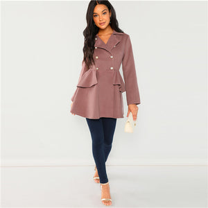 SHEIN Pink Double Breasted Collar Neck Solid Coat 2018 Autumn Elegant Longline Flared Outerwear Modern Lady Coats