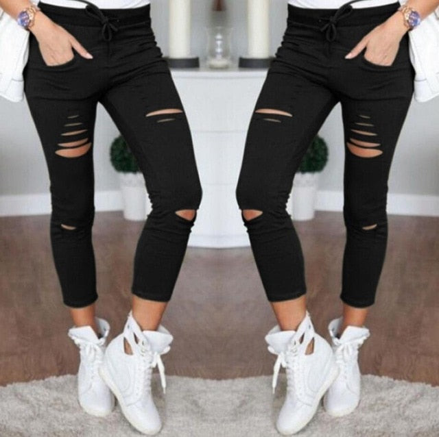 New 2018 Skinny Jeans Women Denim Pants Holes Destroyed Knee Pencil Pants Casual Trousers Black White Stretch Ripped Jeans
