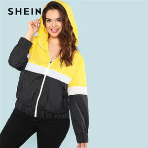 SHEIN Colorblock Streetwear Zipper Closure Plus Size Womens Hooded Jacket 2018 New Autumn Cut And Sew Sports Hoodie Coats