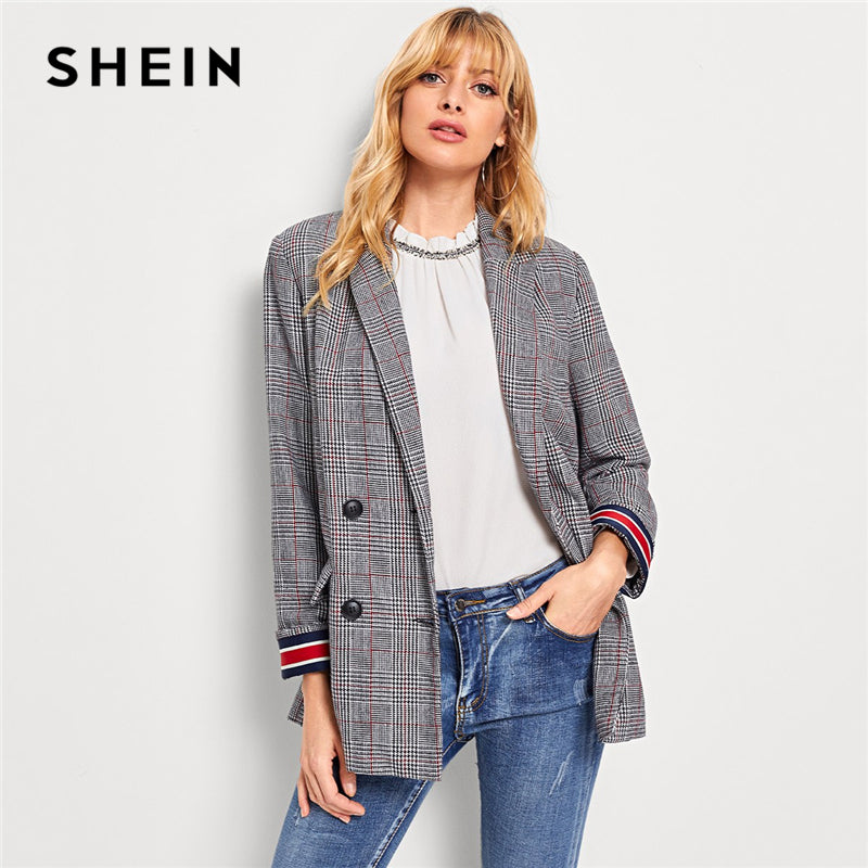 SHEIN Grey Contrast Striped Tape Plaid Blazer Office Lady Longline Notched Long Sleeve Coat Women Autumn Elegant Outerwear