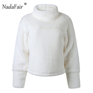 Nadafair long sleeve turtleneck white soft plush sweater women 2018 autumn winter casual thick warm faux fur pullover tops women