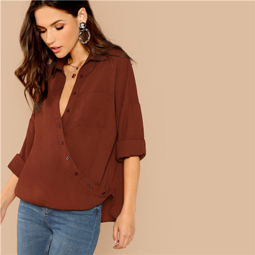 SHEIN Rust Modern Lady Elegant Pocket Patched Surplice Wrap Top 2018 Women Autumn Solid Weekend Casual Minimalist Blouses