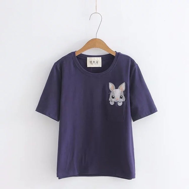 2018 new summer wear T-Shirts printed women's wear students' loose fitting cartoon design thin and regular bottoming shirt