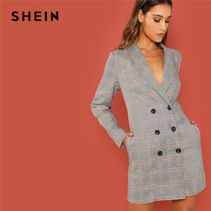 SHEIN Grey Elegant Office Lady Shawl Collar Double Breasted Plaid  Long Sleeve Coat 2018 Autumn Workwear Women Coats Outerwear