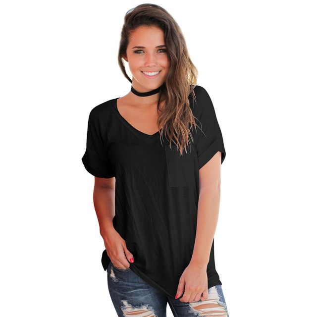 Summer Casual Women T-shirts Solid V-neck Short Sleeve Tees Loose Female Tops Basic Cotton Tshirts Plain White Black Red T shirt